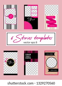 6 editable instagram stories template. Pink and golden glitter appearence. Fashion trendy templates for social media stories