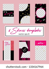 6 editable instagram stories template. Pink and golden glitter appearance. Fashion trendy templates for social media stories