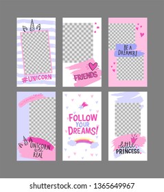 6 editable layout templates for social media stories, mobile apps, banner or flyer design. Social media pack for girls with unicorn corn