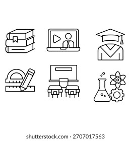 6 Iconos de línea de Educación y aprendizaje
Un conjunto limpio de 6 iconos de línea en blanco y negro que representan la educación, el aprendizaje en línea, la graduación, STEM y las herramientas del aula. Perfecto para App, Sitios web.