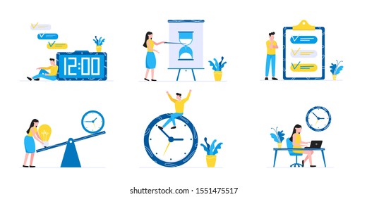 6 Effective Planning time management business concept set. Business people characters, flat style clipart for web banners isolated on white background with time symbols business elements.