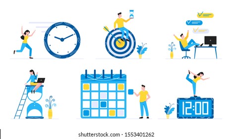 6 Effective Planning time management business concept set. Business people characters, flat style clipart for web banners isolated on white background with time symbols business elements.
