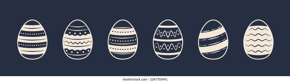 6 Egg Easter icons set. Doodle Easter eggs isolated on black background. Design elements for logo, badges, banners, labels, posters. Vector illustration