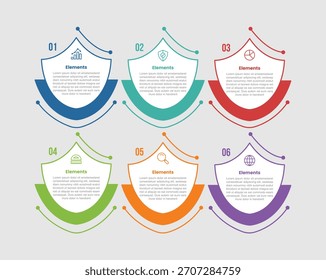 Diagrama comparativo de infografía de 6 Elementos con gran escudo con capa de fondo de medio relleno con 6 pasos para el Vector de presentación de diapositivas