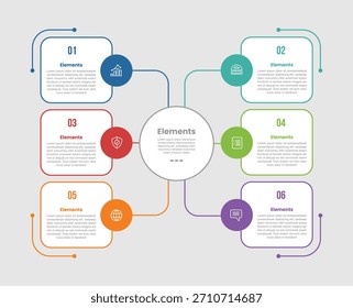 6 Elemente infographisches Vergleichsdiagramm mit großem Kreismittelpunkt verbunden mit runden quadratischen Box Spreizung mit Punktlinienstil 6 Schritt für Dia-Präsentation Vektor