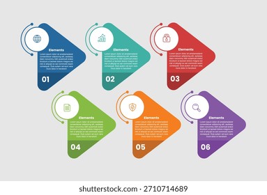 Diagrama comparativo de infografía de 6 Elementos con flecha de triángulo redondo con insignia circular en el lado superior con estilo de línea de puntos Paso 6 para el Vector de presentación de diapositivas