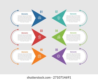 6 Elemente infographisches Vergleichsdiagramm mit rundem Rechteck Feld mit scharfem Pfeil entgegengesetzt Richtung mit Punkt-Linie Stil 6 Schritt für Folie Präsentation Vektor