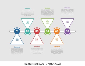 Diagrama comparativo de infografía de 6 Elementos con pirámide triangular con estilo Horizontal de línea de tiempo hacia arriba y hacia abajo con estilo de línea de puntos Paso 6 para el Vector de presentación de diapositivas