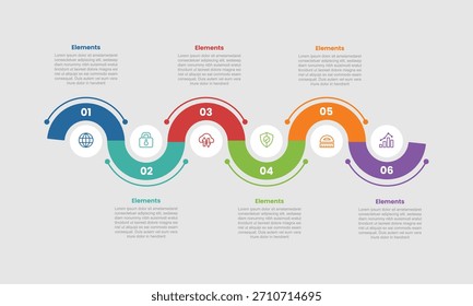 Diagrama comparativo de infografía de 6 Elementos con onda de medio círculo hacia arriba y hacia abajo en Horizontal con giro circular con estilo de línea de puntos Paso 6 para el Vector de presentación de diapositivas