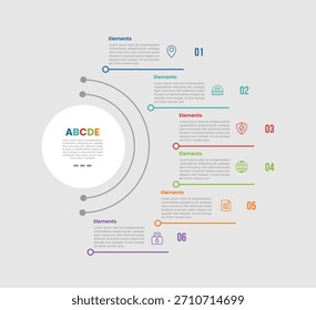 Diagrama comparativo de infografía de 6 Elementos con círculo grande con media lista de contenido con divisor de línea apilado con estilo de línea de puntos 6 paso para Vector de presentación de diapositivas