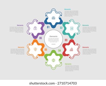 Diagrama comparativo de infografía de 6 Elementos con estrella circular redonda con centro circular con estilo de línea de puntos 6 paso para Vector de presentación de diapositivas