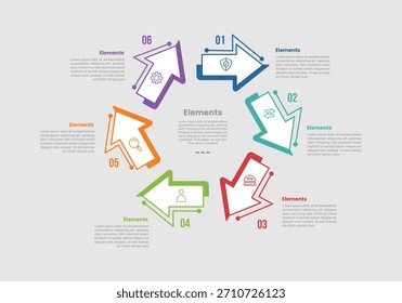 Diagrama comparativo de infografía de 6 Elementos con flecha Pequeña en círculo circular con objeto separado con estilo de línea de puntos 6 paso para el Vector de presentación de diapositivas
