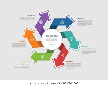 Diagrama comparativo de infografía de 6 Elementos con centro de círculo grande con ciclo de flecha volteada circular con estilo de línea de puntos 6 paso para Vector de presentación de diapositivas