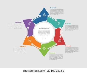 6 elements infographic comparison diagram with smooth arrow cycle circular move with sharp pointy edge with dot line style 6 step for slide presentation vector