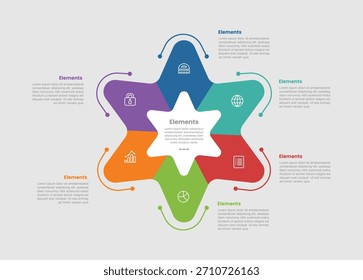 6 elementos infográfico diagrama de comparação com borda de estrela redonda com conteúdo espalhando ao redor com estilo de linha de ponto 6 etapa para slide apresentação vetor