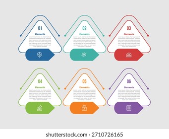 Diagrama comparativo de infografía de 6 Elementos con contenedor de caja de triángulo redondo con dirección superior con estilo de línea de puntos Paso de 6 para Vector de presentación de diapositivas