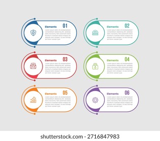 Diagrama comparativo de infografía de 6 Elementos con caja rectangular redonda con insignia circular con estilo de línea de puntos Paso 6 para Vector de presentación de diapositivas