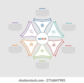 6 elements infographic comparison diagram with circle center triangle star with centered connection with with dot line style 6 step for slide presentation vector