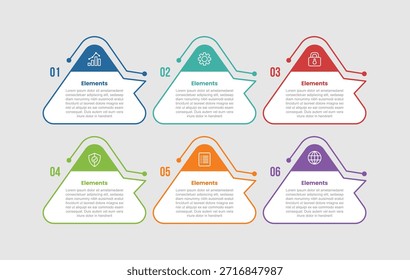 Diagrama comparativo de infografía de 6 Elementos con forma de triángulo redondo con insignia de encabezado en la parte superior con estilo de línea de puntos Paso 6 para el Vector de presentación de diapositivas