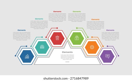Diagrama comparativo de infografía de 6 Elementos con crecimiento hexagonal Paso arriba y abajo con estilo de línea de puntos Paso 6 para Vector de presentación de diapositivas