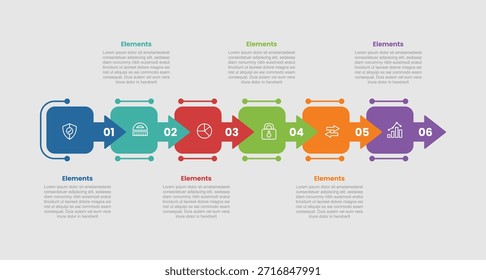 Diagrama comparativo de infografía de 6 Elementos con cuadrado redondo con flecha Dirección Horizontal con estilo de línea de puntos 6 Paso para el Vector de presentación de diapositivas