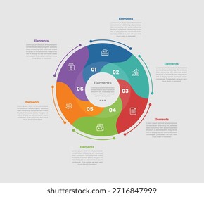 6 elements infographic comparison diagram with big circle swirl wave smooth with circle on center with dot line style 6 step for slide presentation vector
