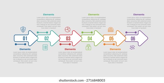 Diagrama comparativo de infografía de 6 Elementos con flecha de contorno simple Dirección Horizontal derecha con estilo de línea de puntos 6 Paso para el Vector de presentación de diapositivas