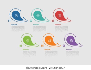Diagrama comparativo de infografía de 6 Elementos con forma de burbuja Líquido liso con estilo de línea de puntos Paso de 6 para Vector de presentación de diapositivas