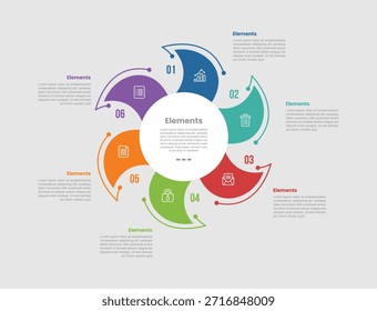 Diagrama comparativo de infografía de 6 Elementos con gran circunferencia con ciclo de ondas agudas Circular con estilo de línea de puntos 6 paso para Vector de presentación de diapositivas