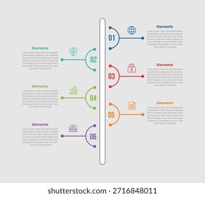 Diagrama de comparação infográfico de 6 elementos com semicírculo na vertical oposto com estilo de linha de ponto 6 etapa para vetor de apresentação de slide