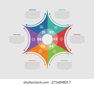 Diagrama de comparação infográfico de 6 elementos com ciclo circular agudo com forma de curva e borda afiada com estilo de linha de ponto 6 etapa para vetor de apresentação de slide