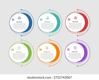 Diagrama de comparação infográfico de 6 elementos com círculo grande e camada dupla atrás com estilo de linha de ponto 6 etapa para vetor de apresentação de slide