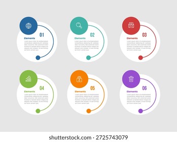 6 Elemente infographisches Vergleichsdiagramm mit großem Kreis und kleinem Kreis-Button oben mit halber Linie Schnitt mit Punktlinie Stil 6 Schritt für Dia-Präsentation Vektor