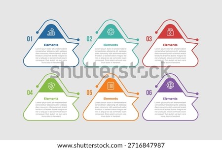 6 elements infographic comparison diagram with round triangle shape with header badge on top with dot line style 6 step for slide presentation vector