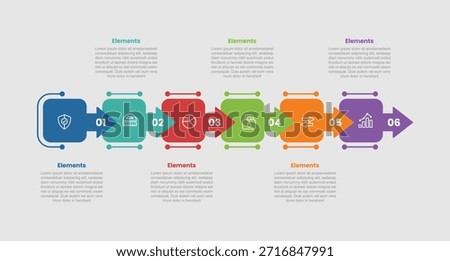 6 elements infographic comparison diagram with square round with arrow horizontal direction with dot line style 6 step for slide presentation vector