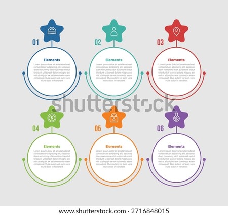 6 elements infographic comparison diagram with big circle with star header on top with dot line style 6 step for slide presentation vector