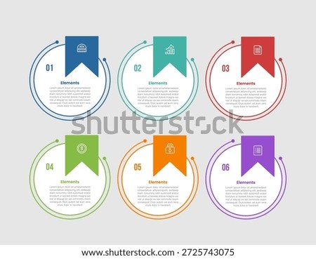 6 elements infographic comparison diagram with big circle with bookmark badge on top with dot line style 6 step for slide presentation vector