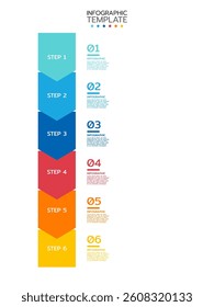 6 Elements placed in vertical row. Concept of 6 successive steps of project development process. Flat infographic design template. Simple vector illustration for business analytics.