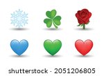 6 Emoticon isolated on White Background. Isolated Vector Illustration. Blue, red and green heart, snowflake, clover leaf, red rose vector emoji Illustration. 3d Illustration set.