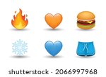 6 Emoticon isolated on White Background. Isolated Vector Illustration. Hamburger, fire flame, orange and blue heart, snowflake, shorts vector emoji Illustration. 3d Illustration set.