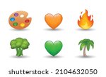 6 Emoticon isolated on White Background. Isolated Vector Illustration. Palette, orange and green heart, flame, broccoli, palm vector emoji Illustration. 3d Illustration set. 