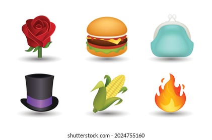 6 Emoticon isolated on White Background. Isolated Vector Illustration. Red rose, hamburger, blue woman purse, magic hat, corn plant and fire flame vector emoji Illustration. 3d Illustration.