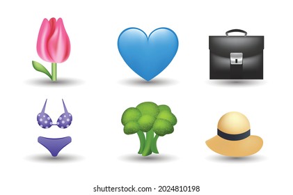 6 Emoticon isolated on White Background. Isolated Vector Illustration. Tulip, blue heart emoji, briefcase, violet swimsuit, broccoli, summer hat vector emoji Illustration. 3d Illustration.