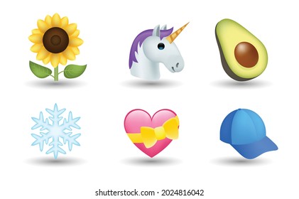 6 Emoticon isolated on White Background. Isolated Vector Illustration. Sunflower, unicorn, avocado, snowflake, pink heart with yellow ribbon, summer hat vector emoji Illustration. 3d Illustration.  svg