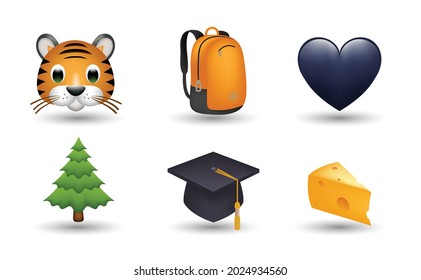 6 Emoticon Isolated On White Background. Isolated Vector Illustration. Tiger, Backpack, Black Heart, Pine Tree, Bachelor Cap, Cheese Vector Emoji Illustration. 3d Illustration. 