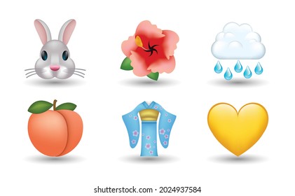 6 Emoticon isolated on White Background. Isolated Vector Illustration. Rabbit, pink flower, rainy cloud, peach, Traditional Chinese Costume, yellow heart vector emoji Illustration. 3d Illustration. 