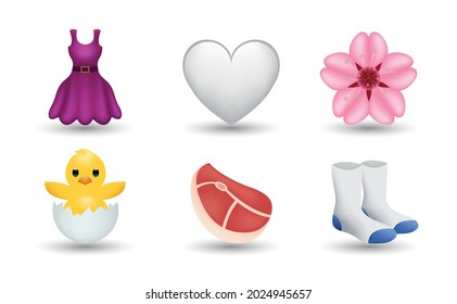 6 Emoticon isolated on White Background. Isolated Vector Illustration. Party dress, white heart, sakura flower, chicken in broken egg, meat, socks vector emoji Illustration. 3d Illustration. 