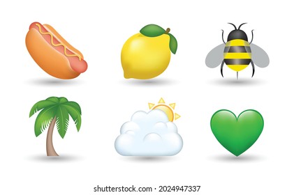 6 Emoticon isolated on White Background. Isolated Vector Illustration. Hot dog, lemon, bee, palm tree, cloud with sun, green heart vector emoji Illustration. 3d Illustration. 