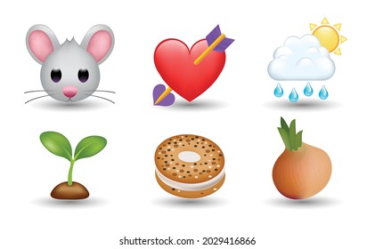 6 Emoticon isolated on White Background. Isolated Vector Illustration. Mouse, red heart with arrow, cloud with and rain, growing plant, chocolate donut, onion vector emoji. 3d Illustration. 