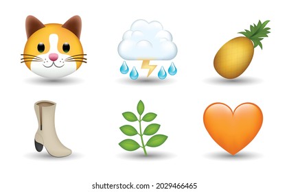 6 Emoticon Isolated On White Background. Isolated Vector Illustration. Cat, Cloud With Rain And Lightning, Pineapple, Woman's Boot, Leaves, Orange Heart Vector Emoji Illustration. 3d Illustration. 